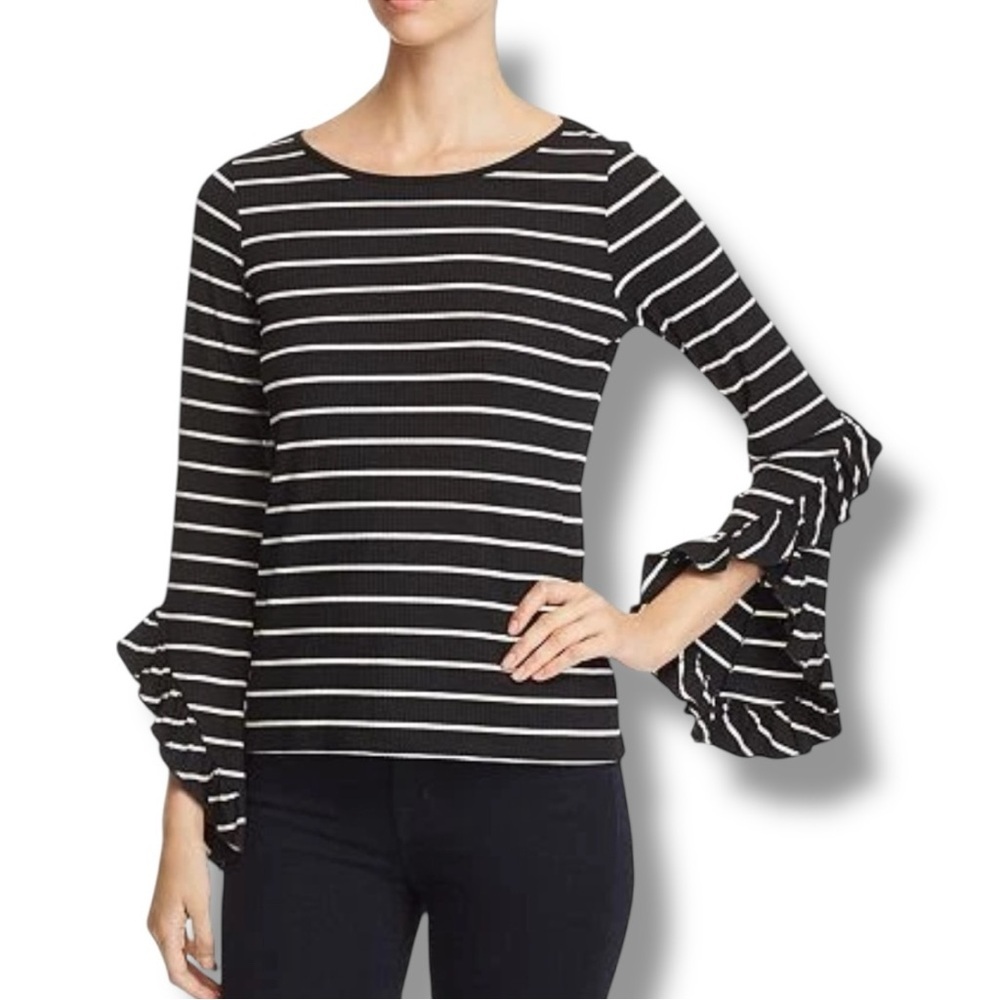 Red Haute Black and White Striped Scoop Neck Bell Ruffled Long Sleeve Blouse